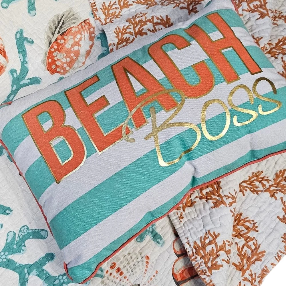Beach Themed Throw with Coral  & Shells With Matching Beach Boss Throw Pillow